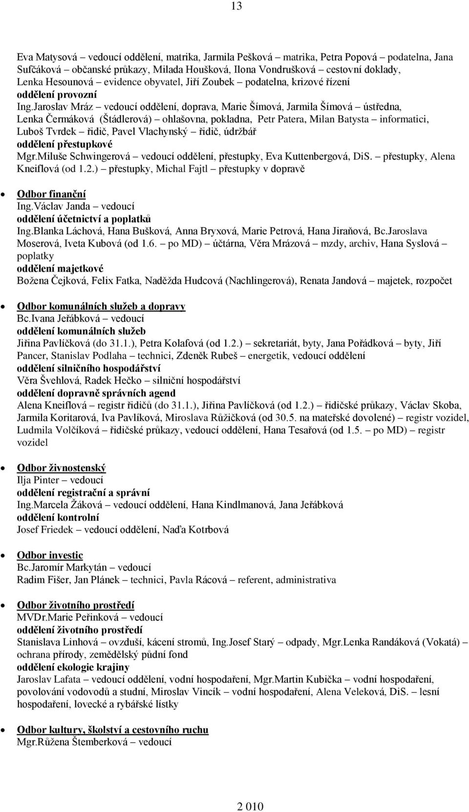 Jaroslav Mráz vedoucí oddělení, doprava, Marie Šímová, Jarmila Šímová ústředna, Lenka Čermáková (Štádlerová) ohlašovna, pokladna, Petr Patera, Milan Batysta informatici, Luboš Tvrdek řidič, Pavel