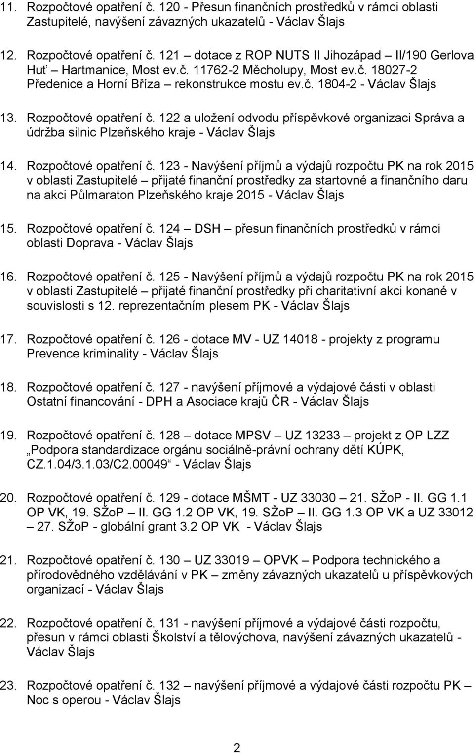 122 a uložení odvodu příspěvkové organizaci Správa a údržba silnic Plzeňského kraje - Václav Šlajs 14. Rozpočtové opatření č.