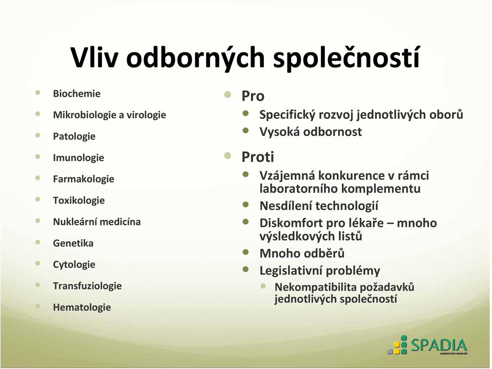 Vysoká odbornost Proti Vzájemná konkurence v rámci laboratorního komplementu Nesdílení technologií Diskomfort