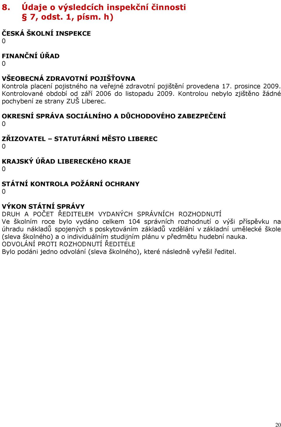 Kontrolované období od září 2006 do listopadu 2009. Kontrolou nebylo zjištěno žádné pochybení ze strany ZUŠ Liberec.