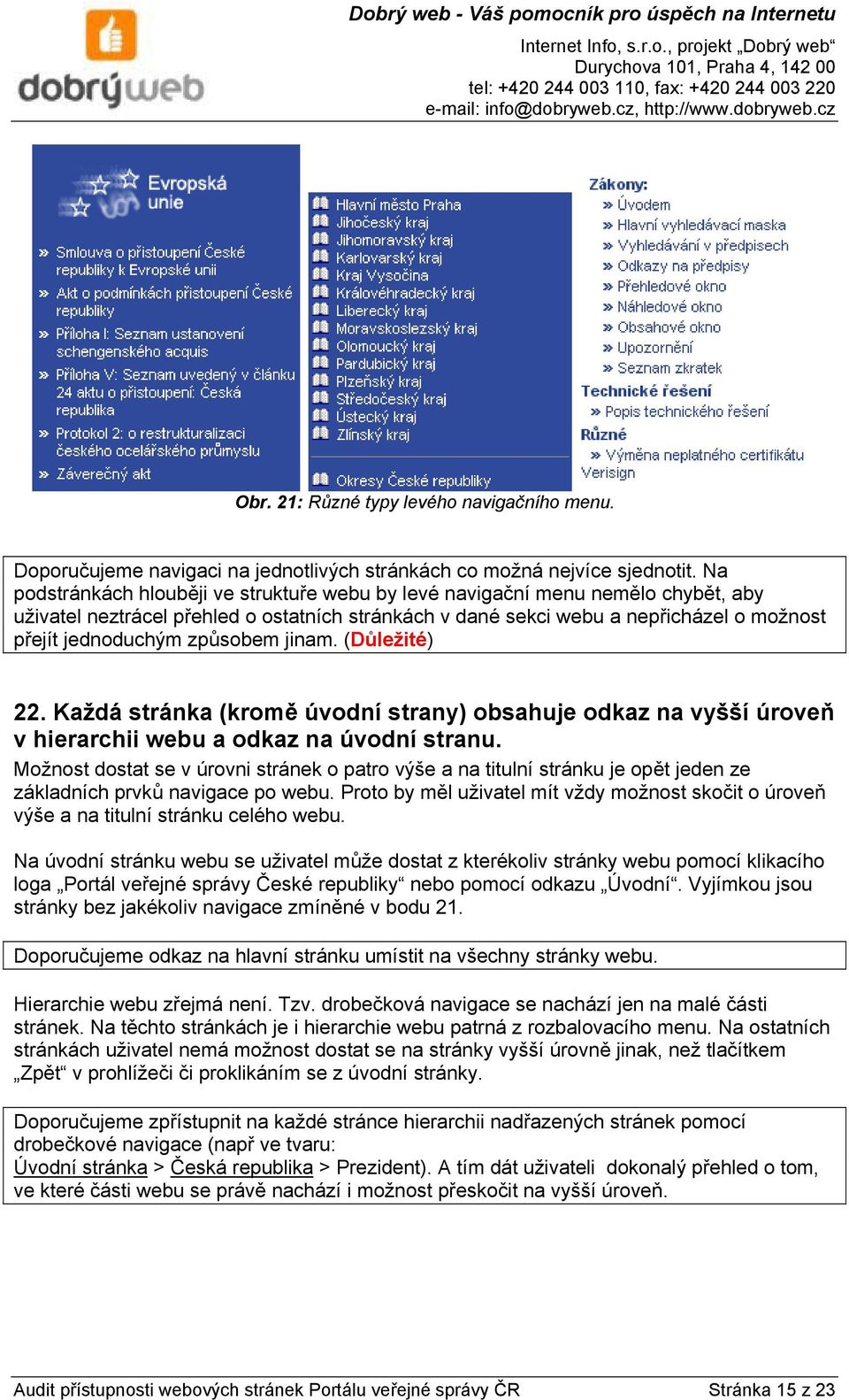 způsobem jinam. (Důležité) 22. Každá stránka (kromě úvodní strany) obsahuje odkaz na vyšší úroveň v hierarchii webu a odkaz na úvodní stranu.