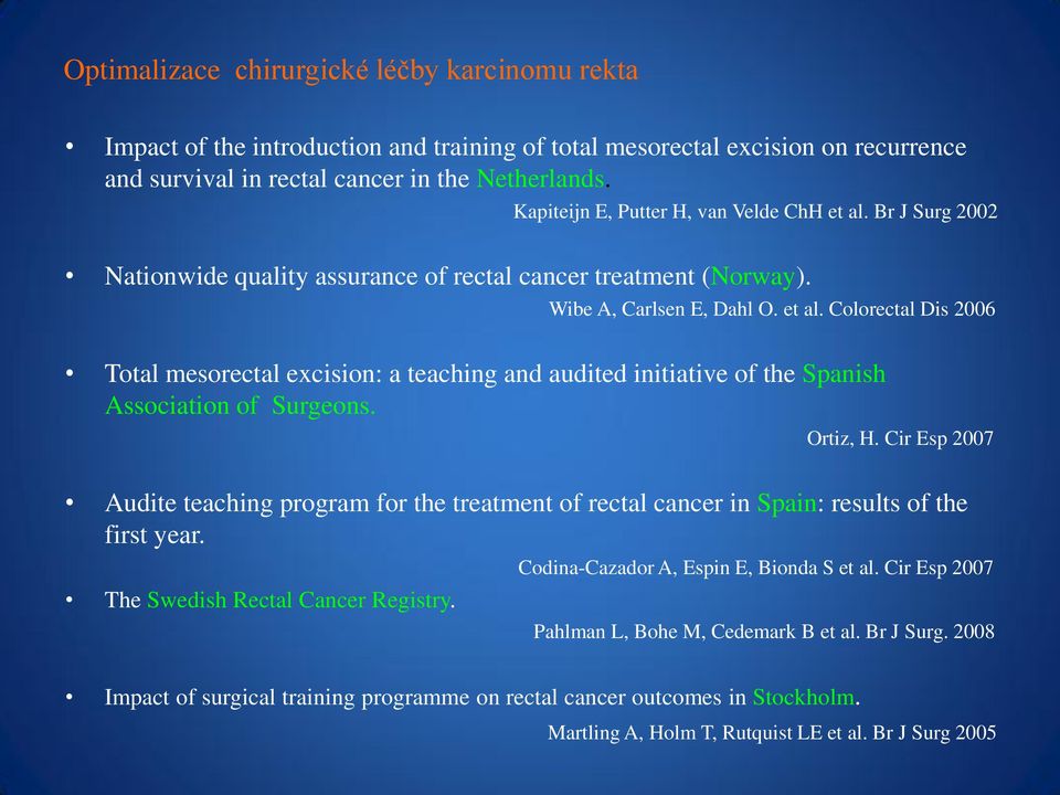 Ortiz, H. Cir Esp 2007 Audite teaching program for the treatment of rectal cancer in Spain: results of the first year. The Swedish Rectal Cancer Registry. Codina-Cazador A, Espin E, Bionda S et al.