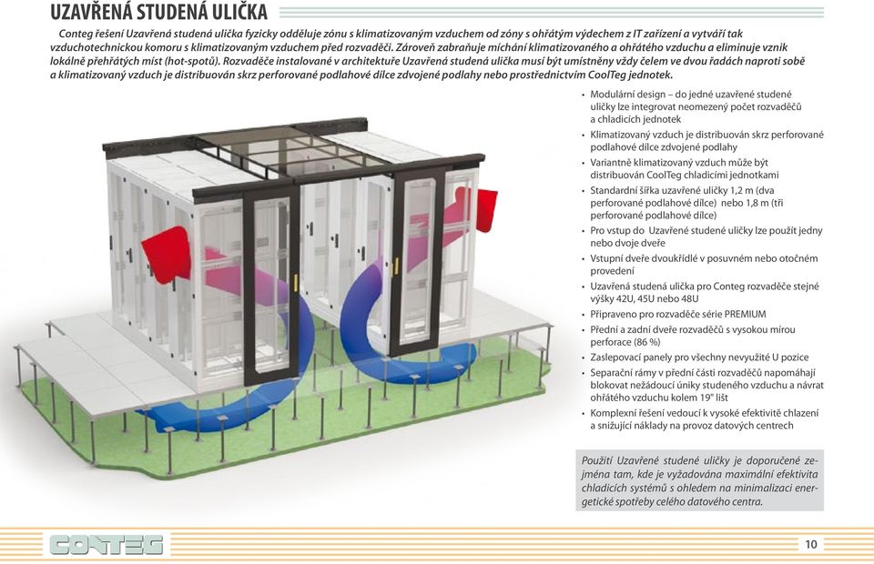 Rozvaděče instalované v architektuře Uzavřená studená ulička musí být umístněny vždy čelem ve dvou řadách naproti sobě a klimatizovaný vzduch je distribuován skrz perforované podlahové dílce zdvojené