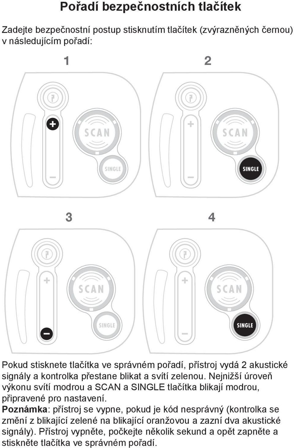 Nejnižší úroveň výkonu svítí modrou a SCAN a SINGLE tlačítka blikají modrou, připravené pro nastavení.
