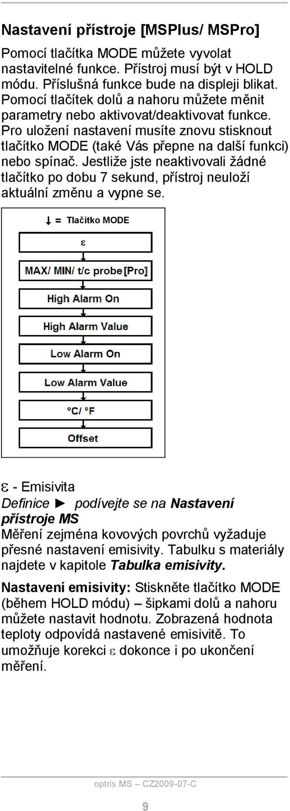 Jestliže jste neaktivovali žádné tlačítko po dobu 7 sekund, přístroj neuloží aktuální změnu a vypne se.