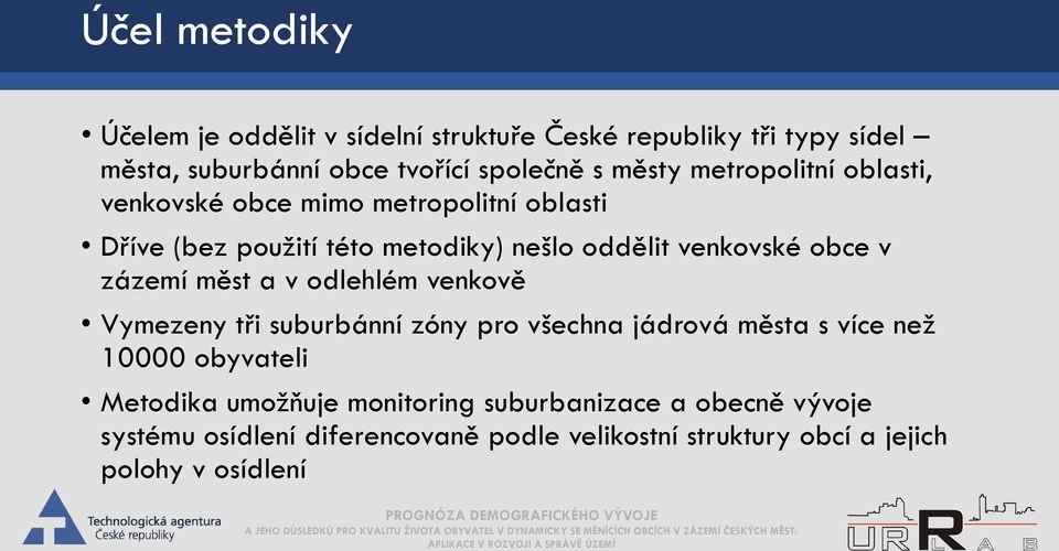 zázemí měst a v odlehlém venkově Vymezeny tři suburbánní zóny pro všechna jádrová města s více než 10000 obyvateli Metodika