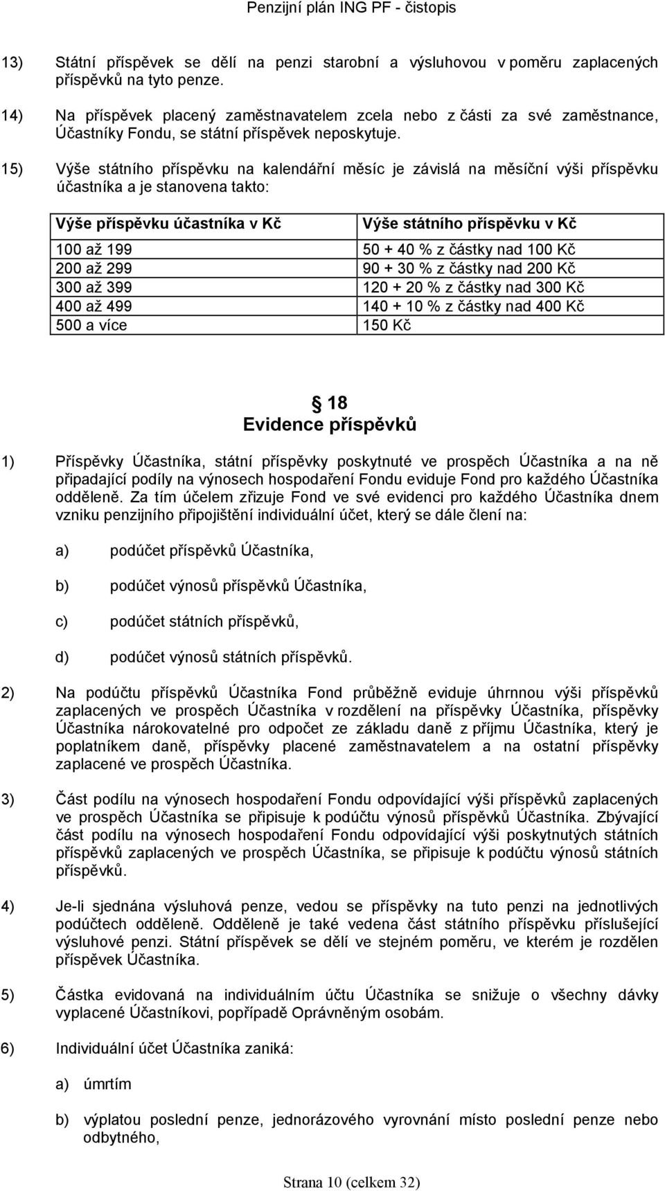 15) Výše státního příspěvku na kalendářní měsí je závislá na měsíční výši příspěvku účastníka a je stanovena takto: Výše příspěvku účastníka v Kč Výše státního příspěvku v Kč 100 až 199 50 + 40 % z