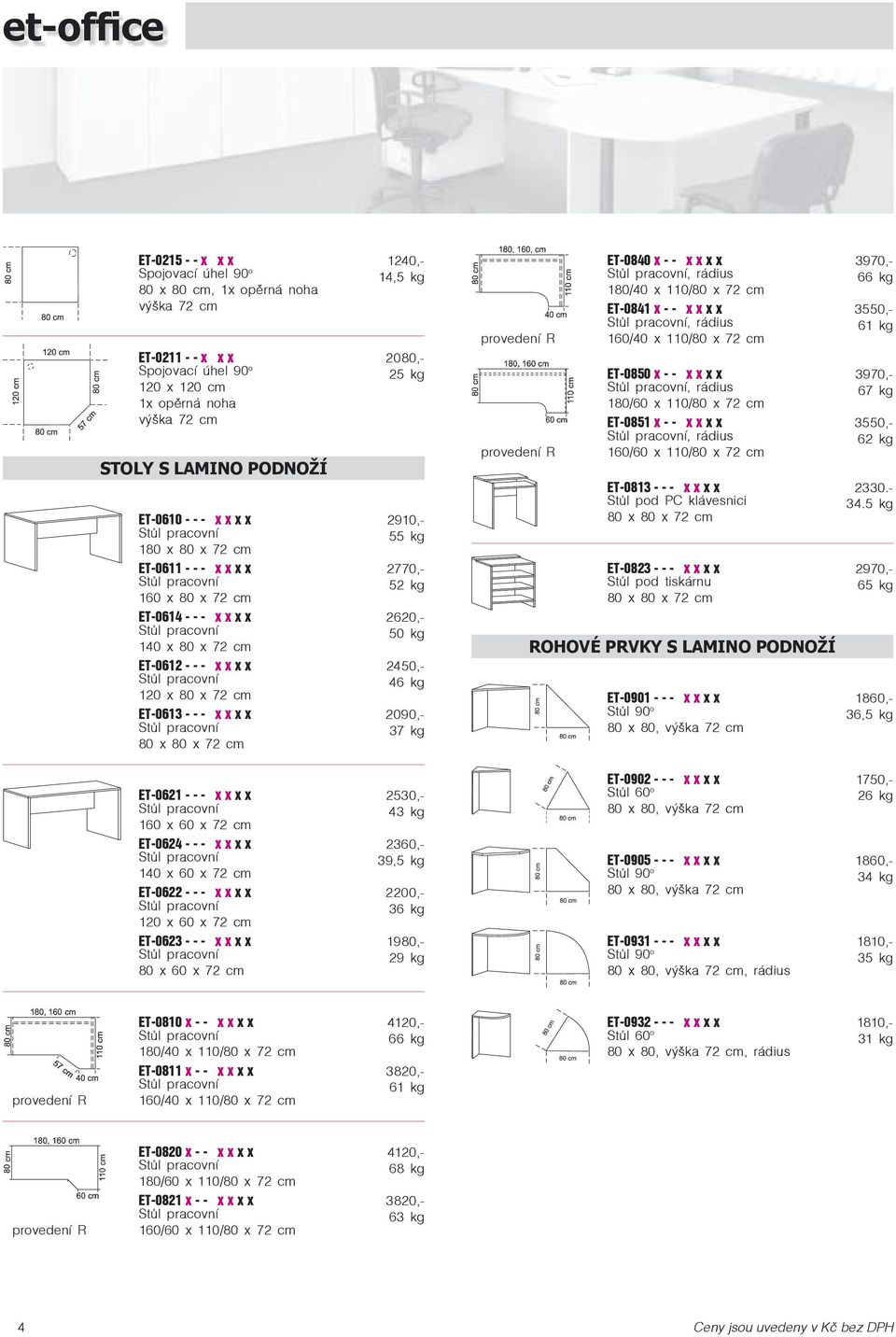 - - x x x x 2090,- 37 kg 80 x 80 x 72 cm ET-0840 x - - x x x x 3970,-, rádius 66 kg 180/40 x 110/80 x 72 cm ET-0841 x - - x x x x 3550,-, rádius 61 kg provedení R 160/40 x 110/80 x 72 cm ET-0850 x -