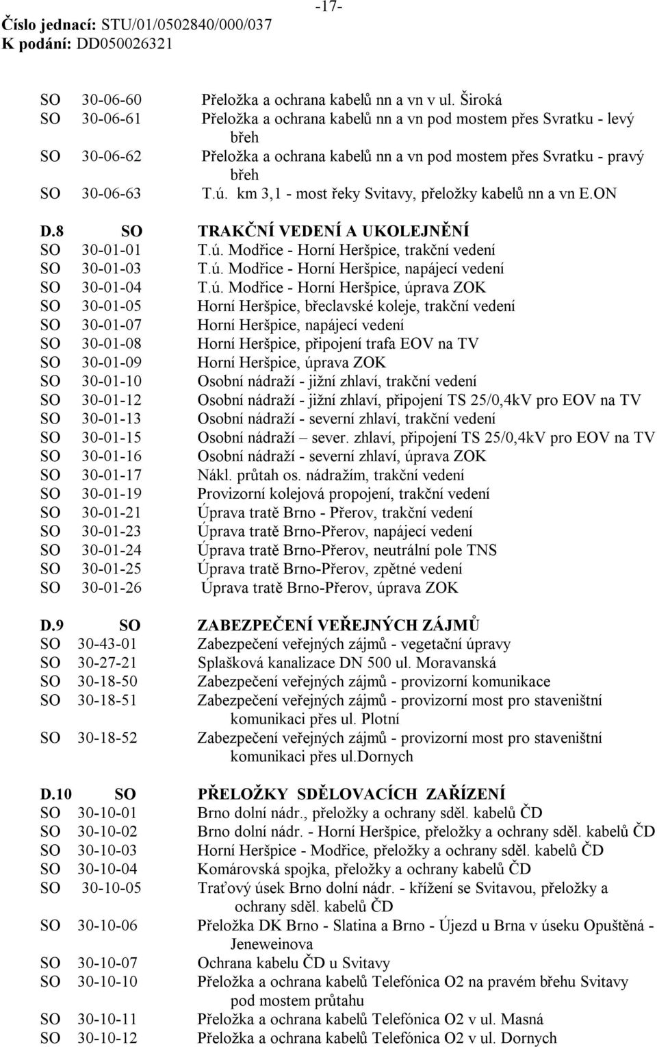 km 3,1 - most řeky Svitavy, přeložky kabelů nn a vn E.ON D.8 SO TRAKČNÍ VEDENÍ A UKOLEJNĚNÍ SO 30-01-01 T.ú. Modřice - Horní Heršpice, trakční vedení SO 30-01-03 T.ú. Modřice - Horní Heršpice, napájecí vedení SO 30-01-04 T.