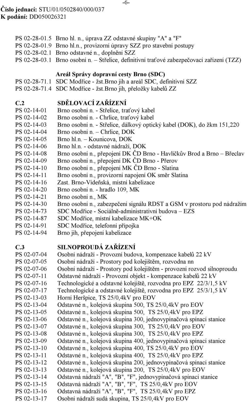 4 SDC Modřice - žst.brno jih, přeložky kabelů ZZ C.2 SDĚLOVACÍ ZAŘÍZENÍ PS 02-14-01 Brno osobní n. - Střelice, traťový kabel PS 02-14-02 Brno osobní n.