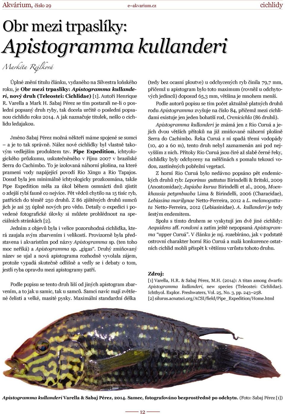(Teleostei: Cichlidae) [1]. Autoři Henrique R. Varella a Mark H. Sabaj Pérez se tím postarali ne-li o poslední popsaný druh ryby, tak docela určitě o poslední popsanou cichlidu roku 2014.