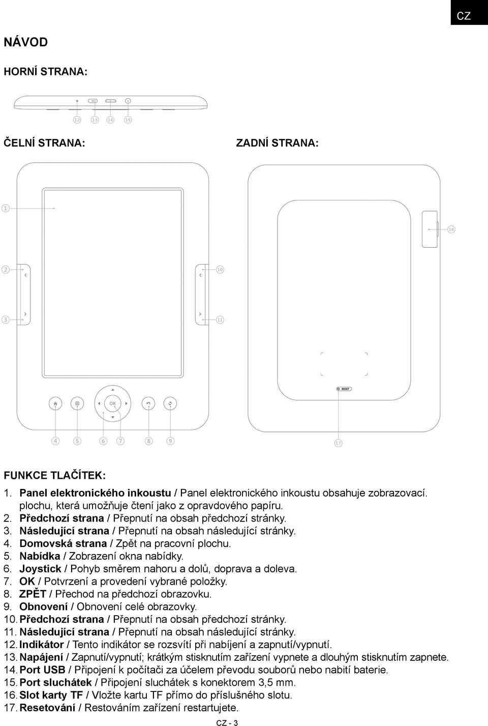 Domovská strana / Zpět na pracovní plochu. 5. Nabídka / Zobrazení okna nabídky. 6. Joystick / Pohyb směrem nahoru a dolů, doprava a doleva. 7. OK / Potvrzení a provedení vybrané položky. 8.
