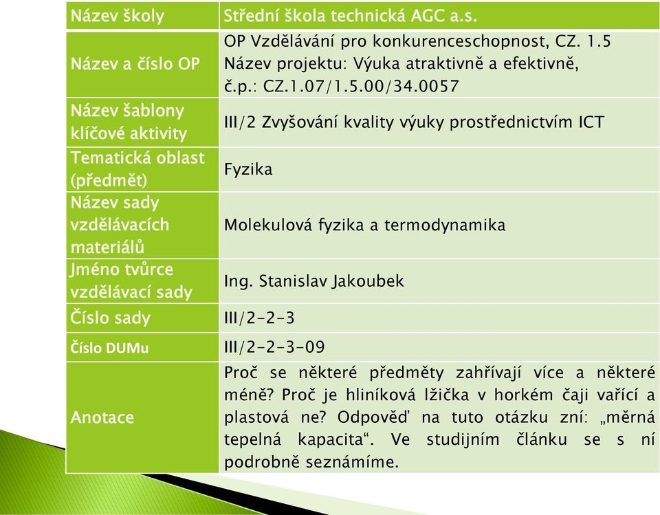 0057 III/ Zvyšování kvality výuky prostřednictvím ICT Fyzika Molekulová fyzika a termodynamika Ing.