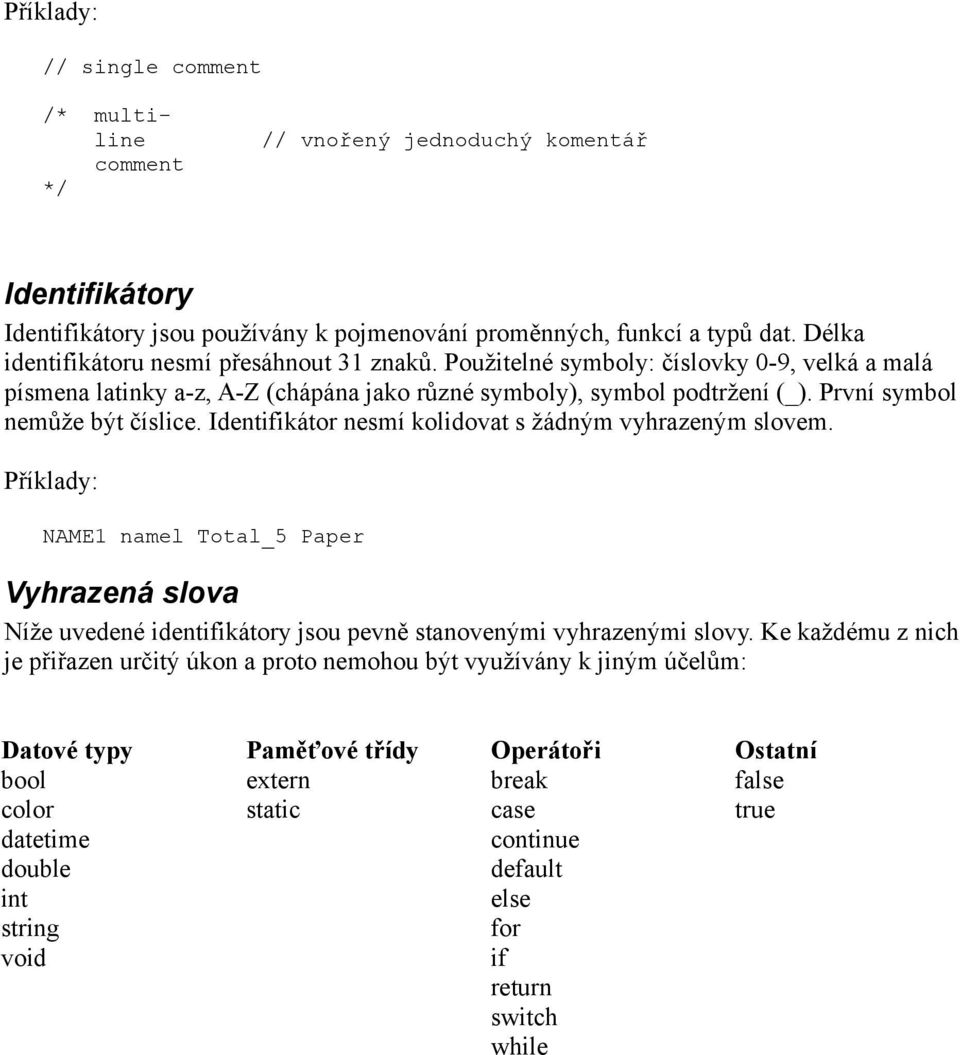 První symbol nemůže být číslice. Identifikátor nesmí kolidovat s žádným vyhrazeným slovem.