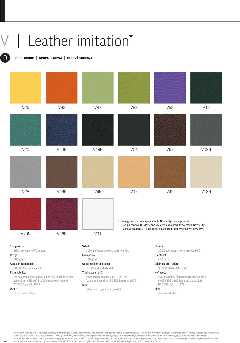 100% polyester PVC coated Weight: 460 g/m 2 Abrasion Resistance: 30 000 Martindale cycles Flammability: the selected colours (marked as N) are fire resistant according to EN 1021 1&2 (cigarette &