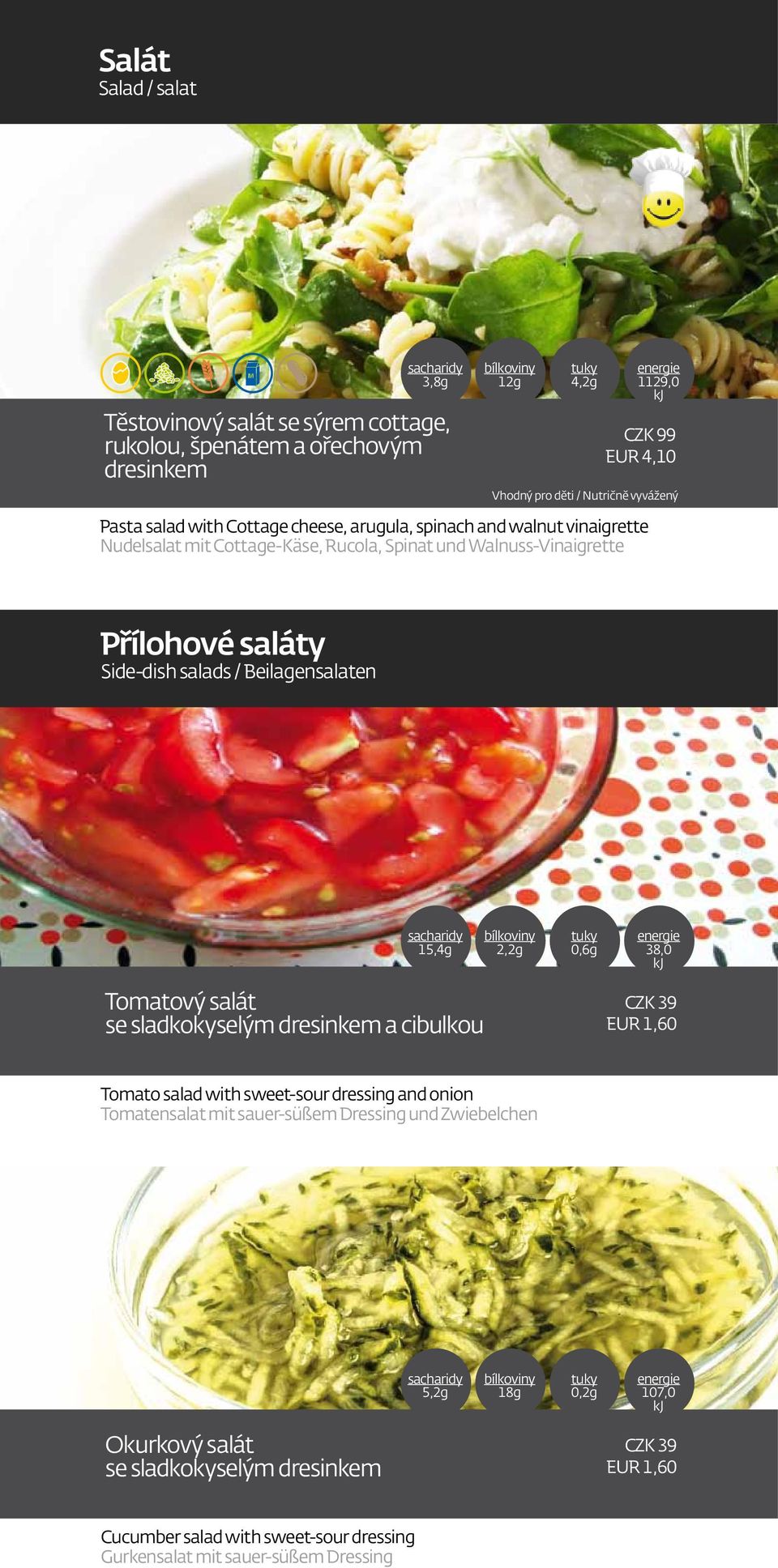 Beilagensalaten 15,4g 2,2g 0,6g 38,0 Tomatový salát se sladkokyselým dresinkem a cibulkou CZK 39 EUR 1,60 Tomato salad with sweet-sour dressing and onion Tomatensalat mit