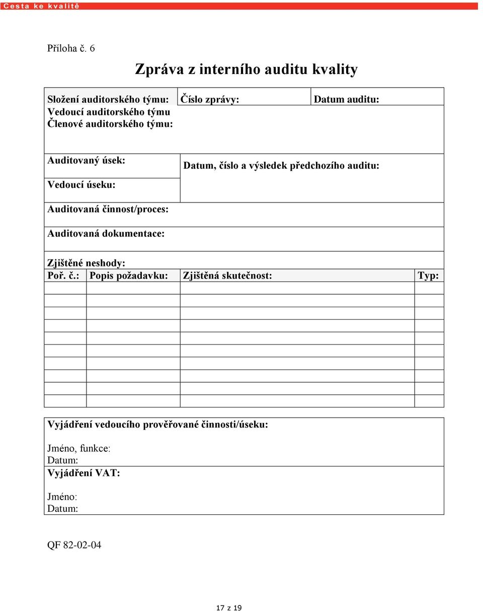 Členové auditorského týmu: Auditovaný úsek: Vedoucí úseku: Datum, číslo a výsledek předchozího auditu: Auditovaná