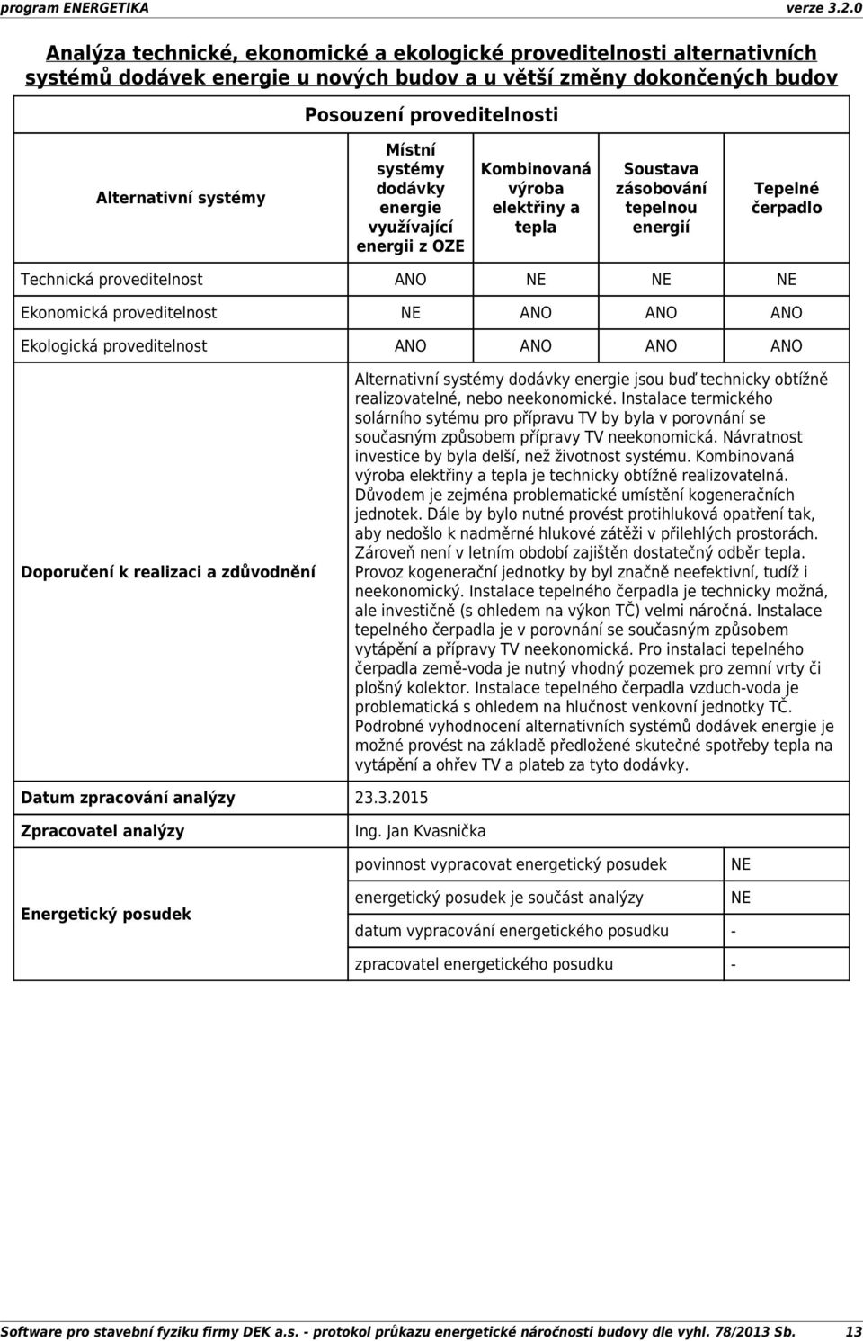 ANO ANO ANO Ekologická proveditelnost ANO ANO ANO ANO Doporučení k realizaci a zdůvodnění Alternativní systémy dodávky jsou buď technicky obtížně realizovatelné, nebo neekonomické.