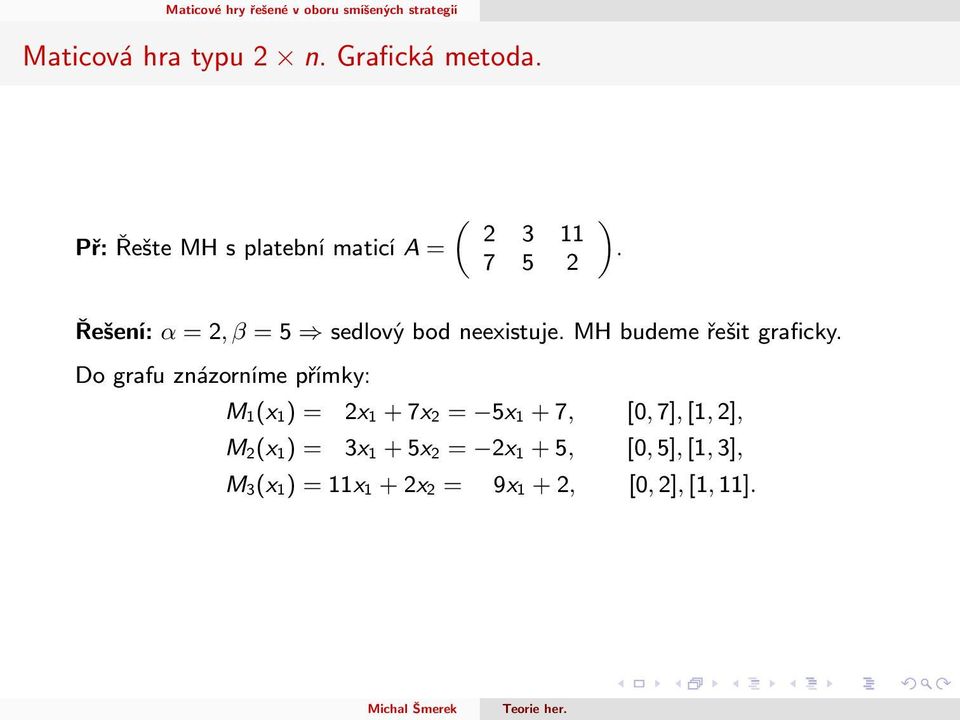 Řešení: α = 2, β = 5 sedlový bod neexistuje. MH budeme řešit graficky.