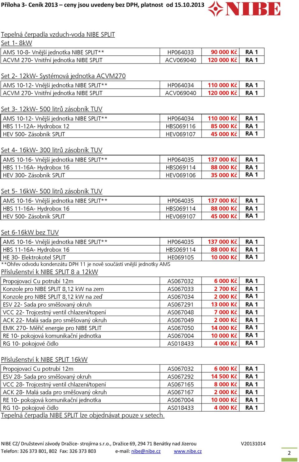 jednotka NIBE SPLIT** HP064034 110 000 Kč RA 1 HBS 11-12A- Hydrobox 12 HBS069116 85 000 Kč RA 1 HEV 500- Zásobník SPLIT HEV069107 45 000 Kč RA 1 Set 4-16kW- 300 litrů zásobník TUV AMS 10-16- Vnější