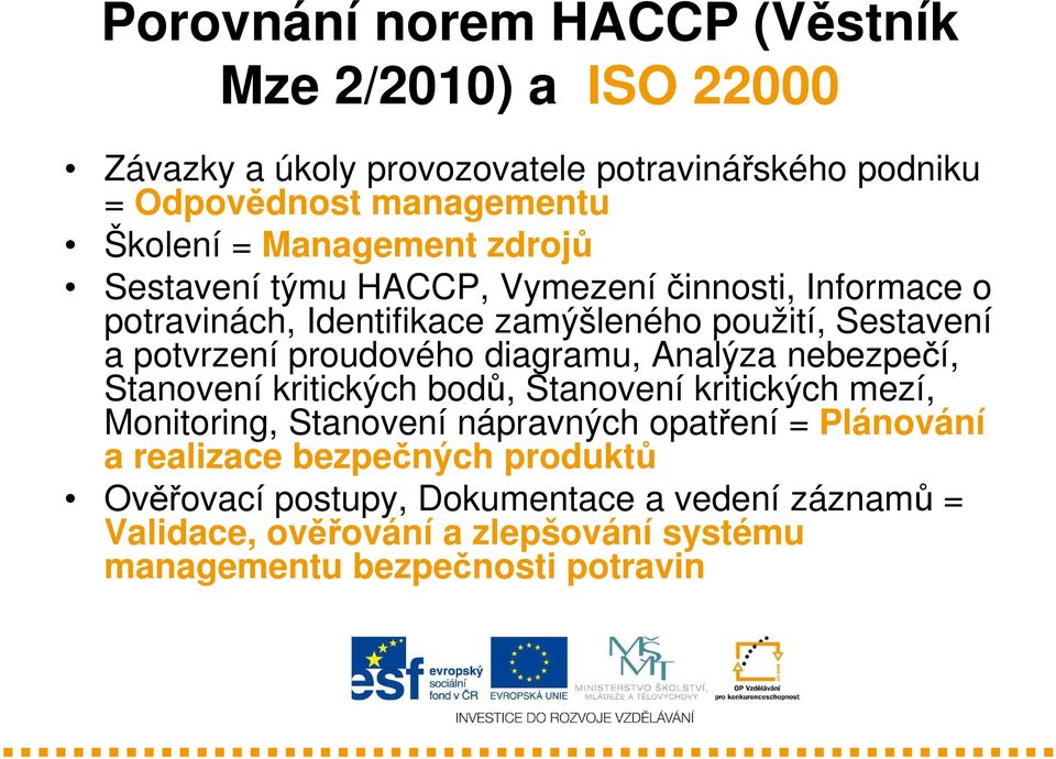 proudového diagramu, Analýza nebezpečí, Stanovení kritických bodů, Stanovení kritických mezí, Monitoring, Stanovení nápravných opatření =