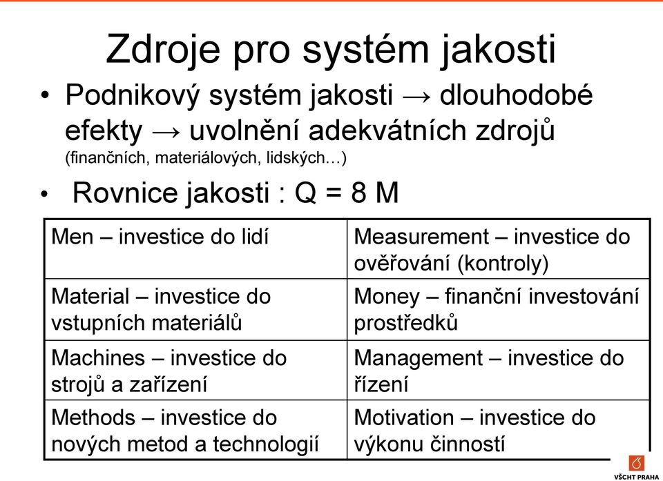 Machines investice do strojů a zařízení Methods investice do nových metod a technologií Measurement investice do