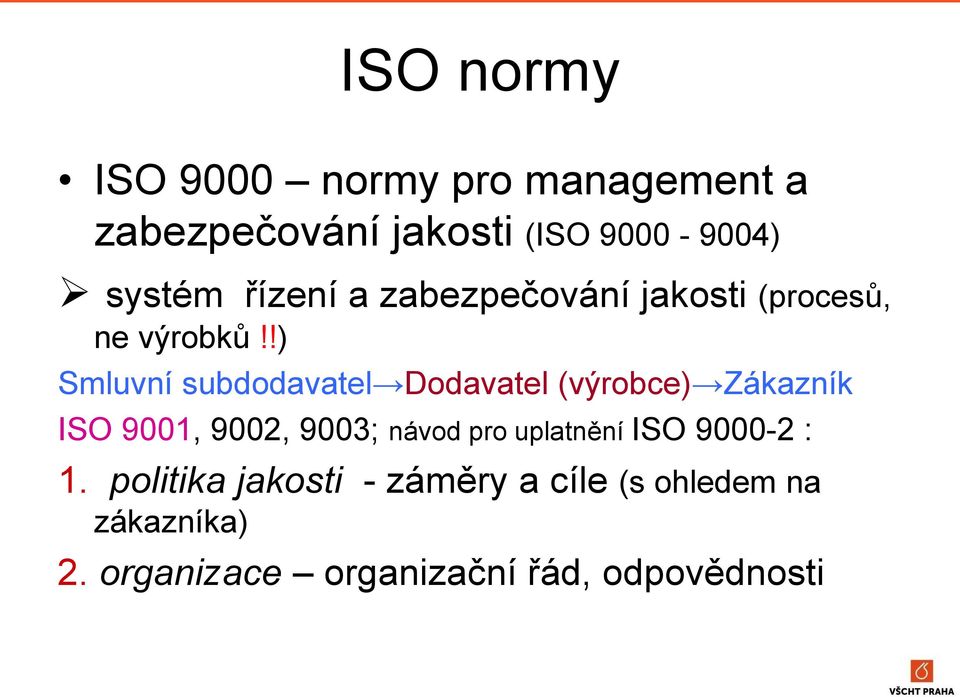 !) Smluvní subdodavatel Dodavatel (výrobce) Zákazník ISO 9001, 9002, 9003; návod pro