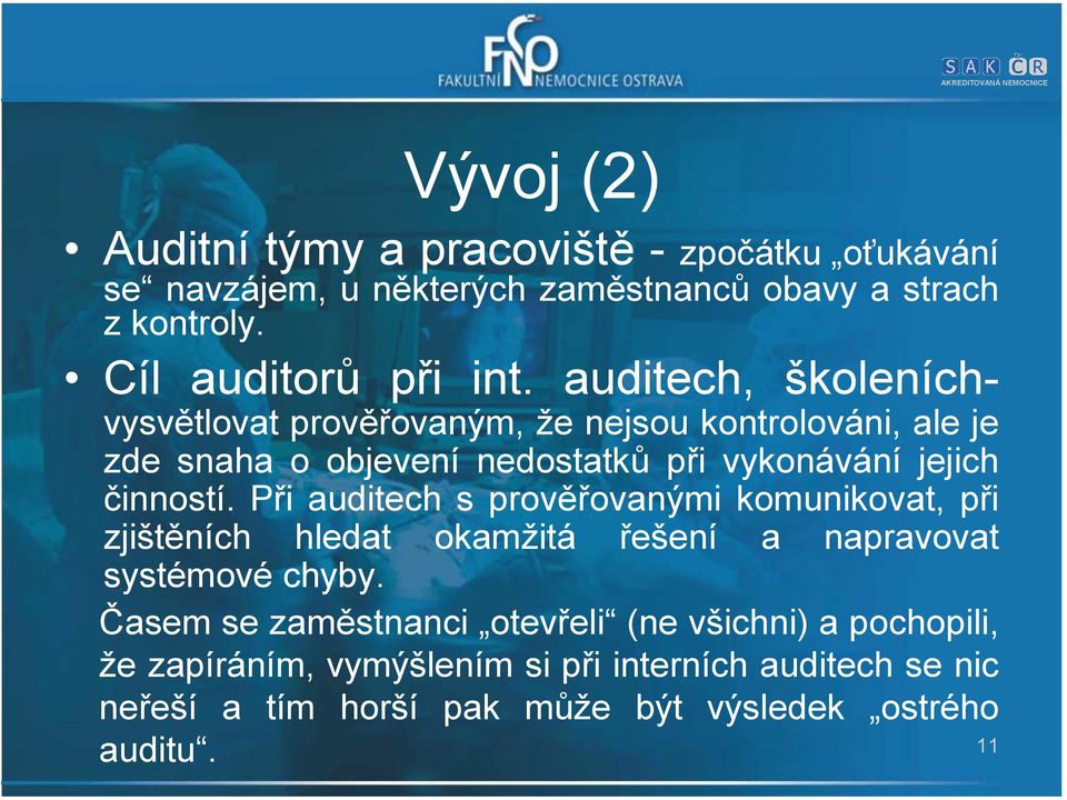 Při auditech s prověřovanými komunikovat, při zjištěních hledat okamžitá řešení a napravovat systémové chyby.