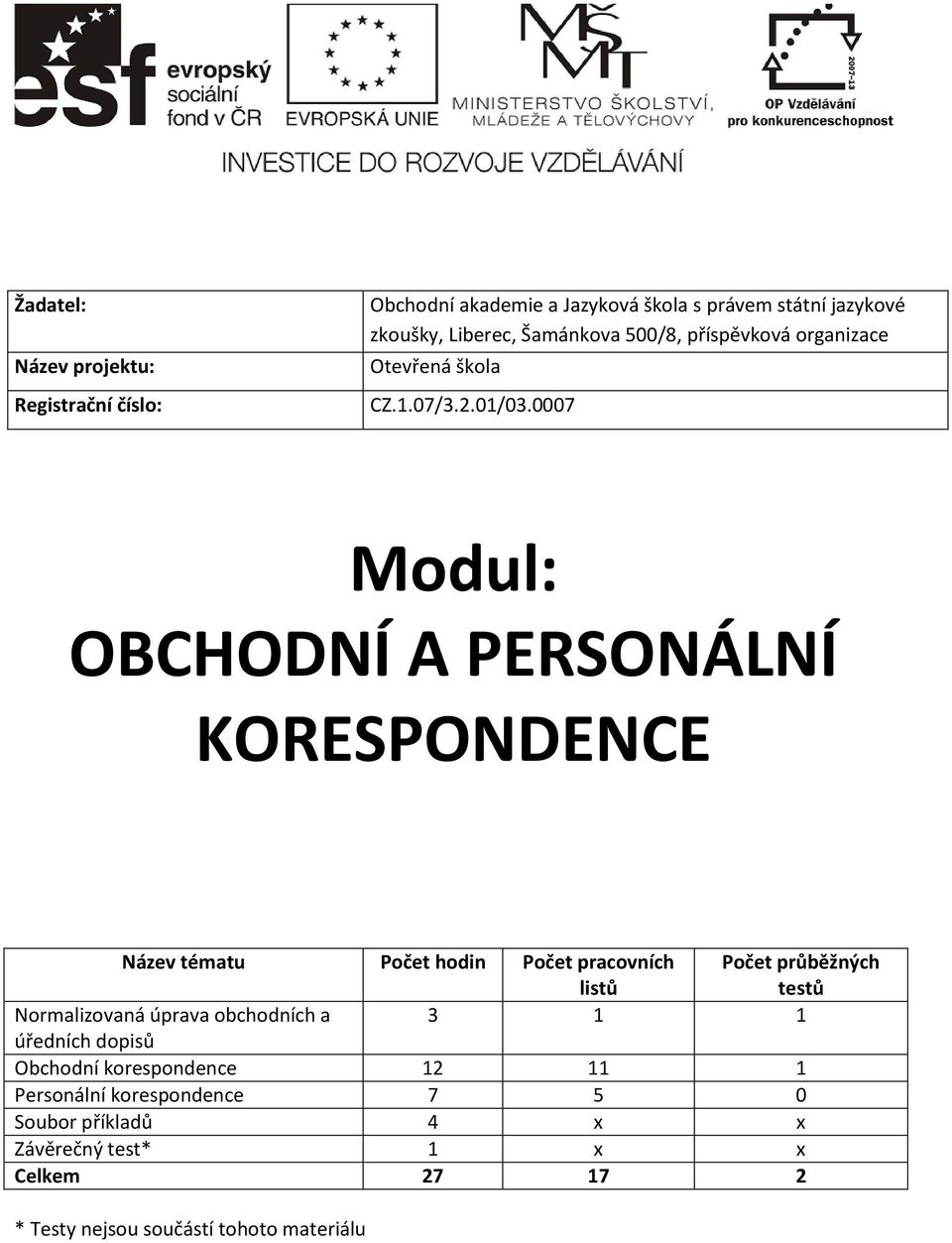 0007 Modul: OBCHODNÍ A PERSONÁLNÍ KORESPONDENCE Název tématu Počet hodin Počet pracovních listů Počet průběžných testů Normalizovaná