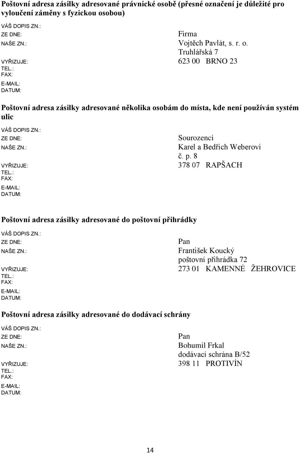 : FAX: E-MAIL: DATUM: Sourozenci Karel a Bedřich Weberovi č. p. 8 378 07 RAPŠACH Poštovní adresa zásilky adresované do poštovní přihrádky ZE DNE: NAŠE ZN.: VYŘIZUJE: TEL.