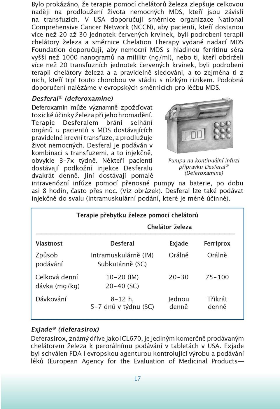 směrnice Chelation Therapy vydané nadací MDS Foundation doporučují, aby nemocní MDS s hladinou ferritinu séra vyšší než 1000 nanogramů na mililitr (ng/ml), nebo ti, kteří obdrželi více než 20