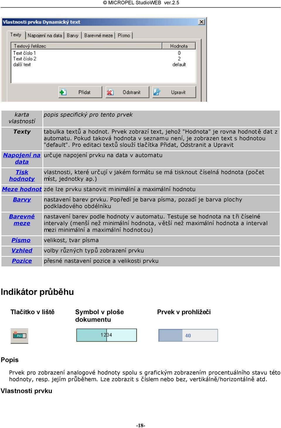 Pro editaci textů slouží tlačítka Přidat, Odstranit a Upravit určuje napojení prvku na data v automatu vlastnosti, které určují v jakém formátu se má tisknout číselná hodnota (počet míst, jednotky ap.