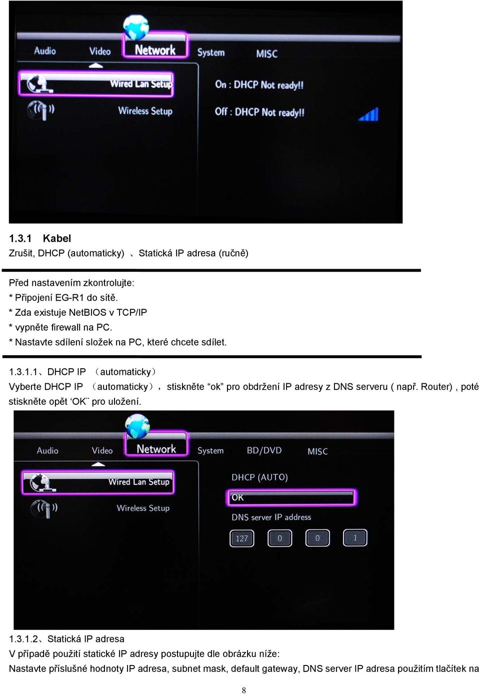 3.1.1 DHCP IP (automaticky) Vyberte DHCP IP (automaticky),stiskněte ok pro obdržení IP adresy z DNS serveru ( např.