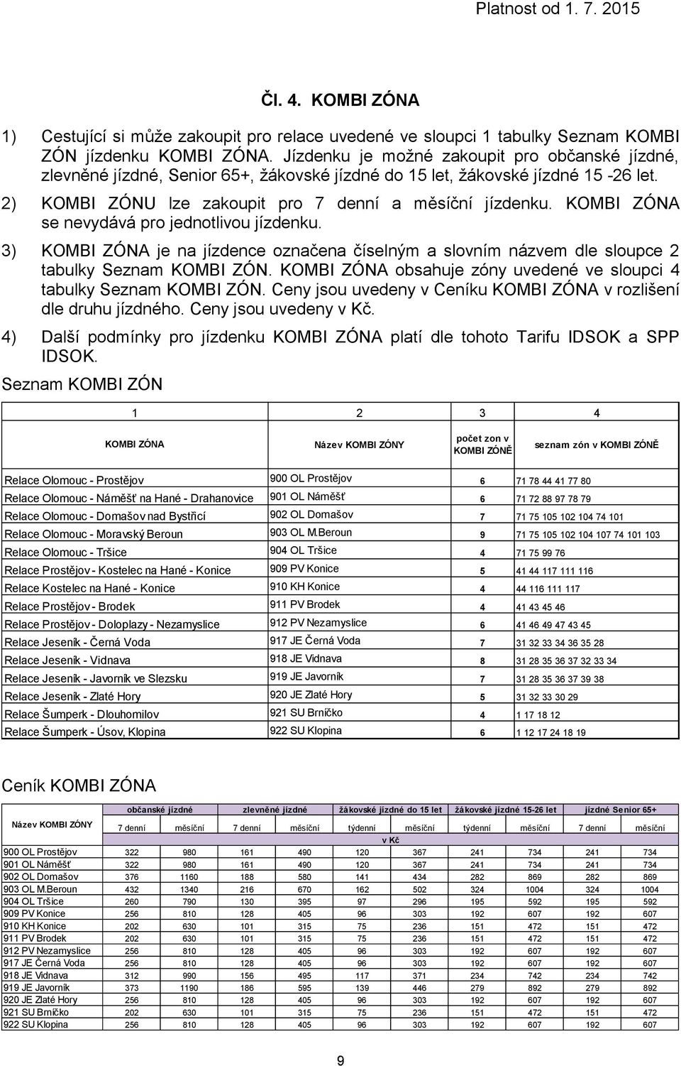 3) KOMBI ZÓNA je na jízdence označena číselným a slovním názvem dle sloupce 2 tabulky Seznam KOMBI ZÓN. KOMBI ZÓNA obsahuje zóny uvedené ve sloupci 4 tabulky Seznam KOMBI ZÓN.