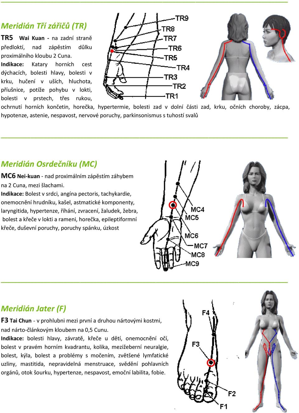 hypertermie, bolesti zad v dolní části zad, krku, očních choroby, zácpa, hypotenze, astenie, nespavost, nervové poruchy, parkinsonismus s tuhostí svalů Meridián Osrdečníku (MC) MC6 Nei-kuan - nad