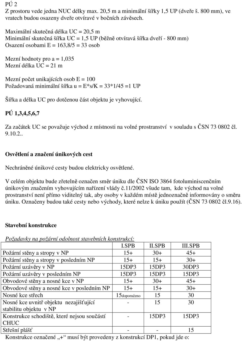 Mezní počet unikajících osob E = 100 Požadovaná minimální šířka u = E*s/K = 33*1/45 =1 UP Šířka a délka UC pro dotčenou část objektu je vyhovující.