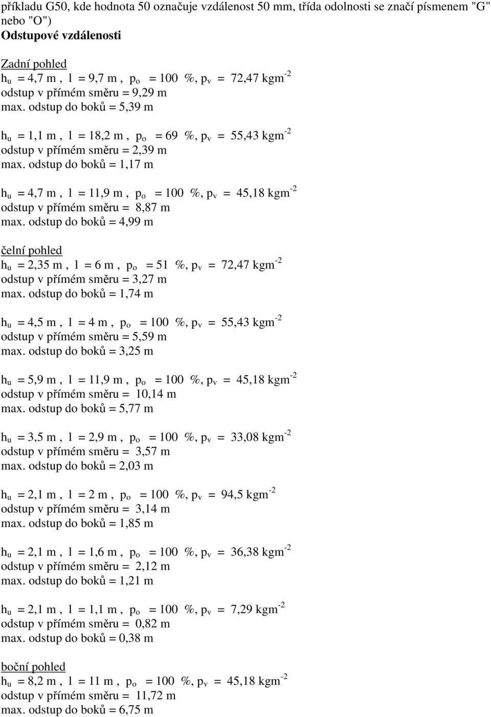 odstup do boků = 1,17 m h u = 4,7 m, l = 11,9 m, p o = 100 %, p v = 45,18 kgm -2 odstup v přímém směru = 8,87 m max.