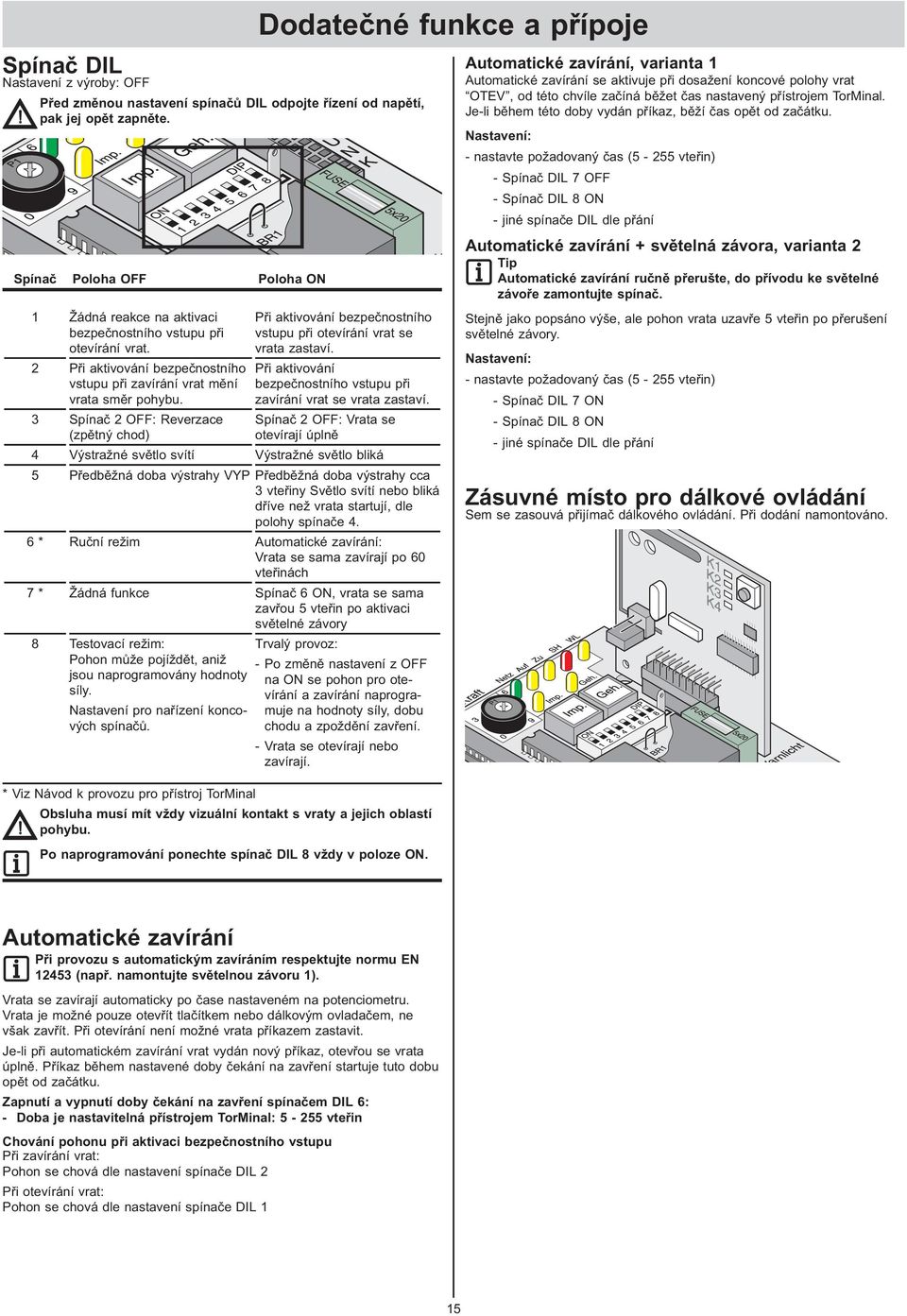 Spínač 2 OFF: Reverzace (zpětný chod) Výstražné světlo svítí Výstražné světlo bliká Předběžná doba výstrahy VYP Ruční režim Žádná funkce Testovací režim: Pohon může pojíždět, aniž jsou naprogramovány