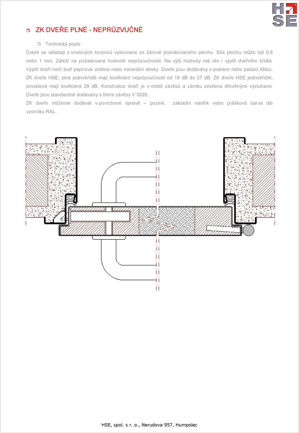 Dveře jsou dodávány s prahem nebo padací lištou. ZK dveře HSE, plné jednokřídlé mají koeficient neprůzvučnosti od 19 db do 37 db.