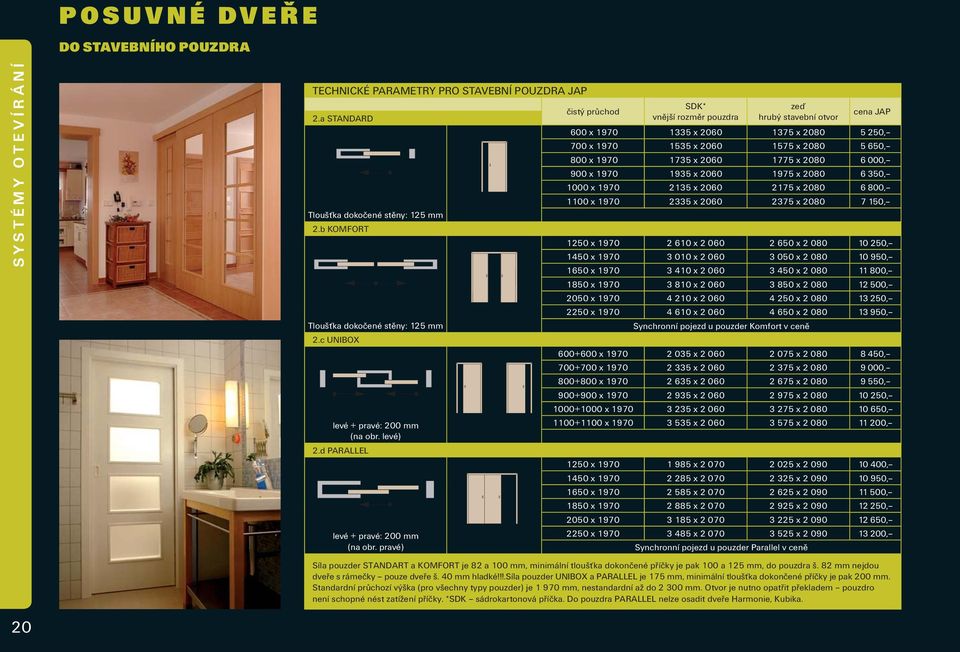 pravé) čistý průchod SDK* vnější rozměr pouzdra zeď hrubý stavební otvor cena JAP 600 x 1970 1335 x 2060 1375 x 2080 5 250, 700 x 1970 1535 x 2060 1575 x 2080 5 650, 800 x 1970 1735 x 2060 1775 x