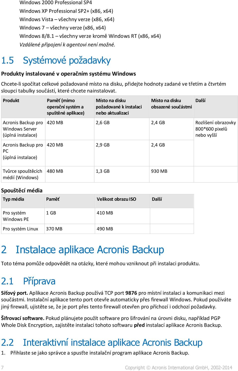 5 Systémové požadavky Produkty instalované v operačním systému Windows Chcete-li spočítat celkové požadované místo na disku, přidejte hodnoty zadané ve třetím a čtvrtém sloupci tabulky součástí,