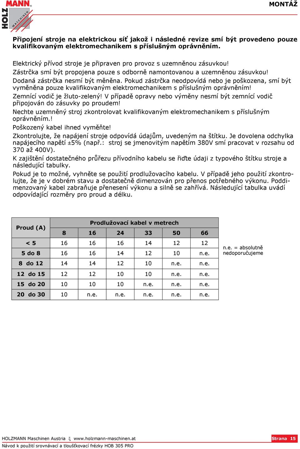 Pokud zástrčka neodpovídá nebo je poškozena, smí být vyměněna pouze kvalifikovaným elektromechanikem s příslušným oprávněním! Zemnící vodič je žluto-zelený!