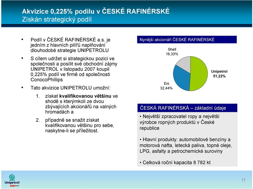 zájmy UNIPETROL v listopadu 2007 koupil 0,225% podíl ve firmě od společnosti ConocoPhillips Tato akvizice UNIPETROLU umožní: 1.