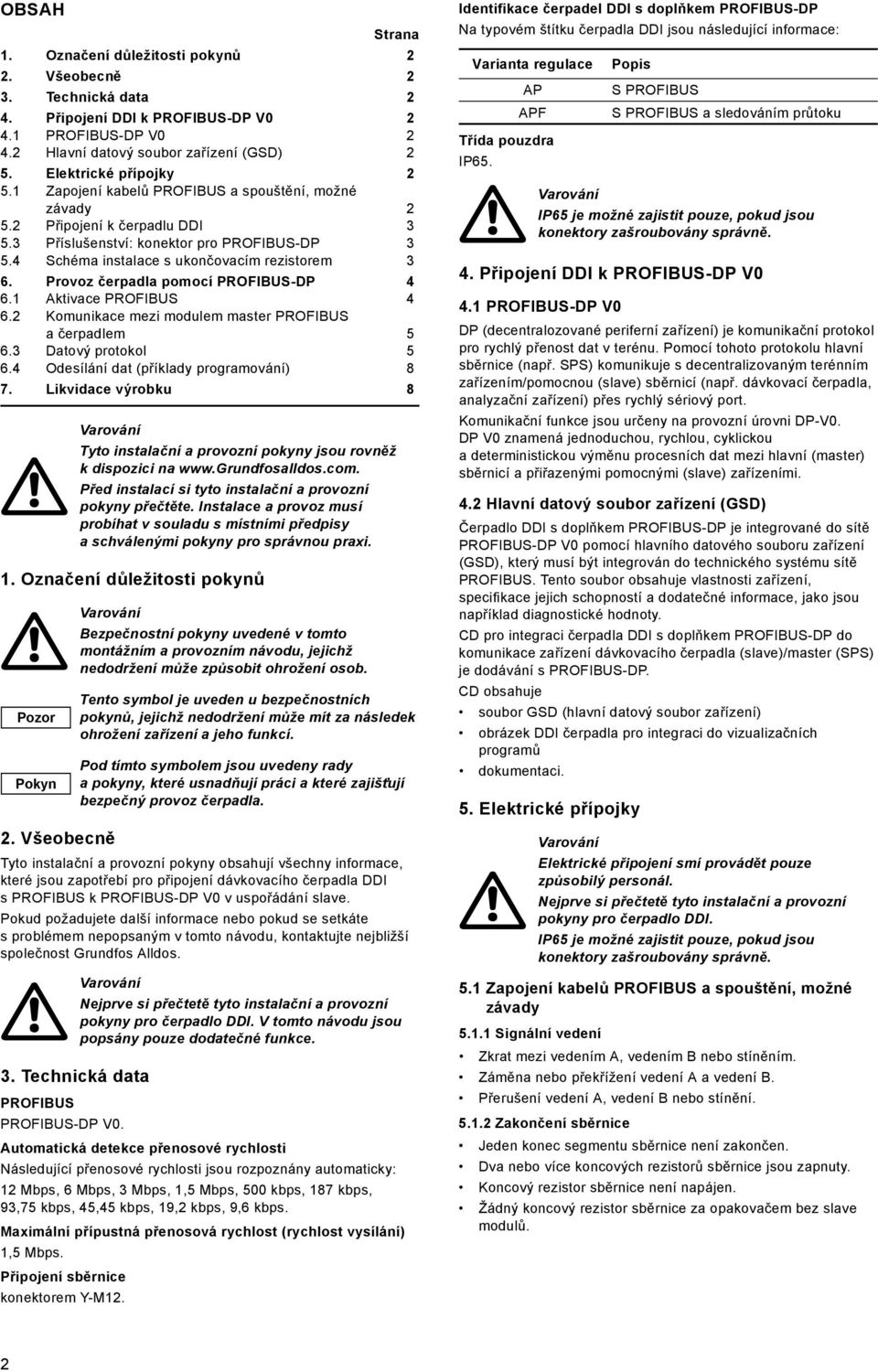 Provoz čerpadla pomocí PROFIBUS-DP 6. Aktivace PROFIBUS 6. Komunikace mezi modulem master PROFIBUS a čerpadlem 6. Datový protokol 6. Odesílání dat (příklady programování) 8 7. Likvidace výrobku 8.