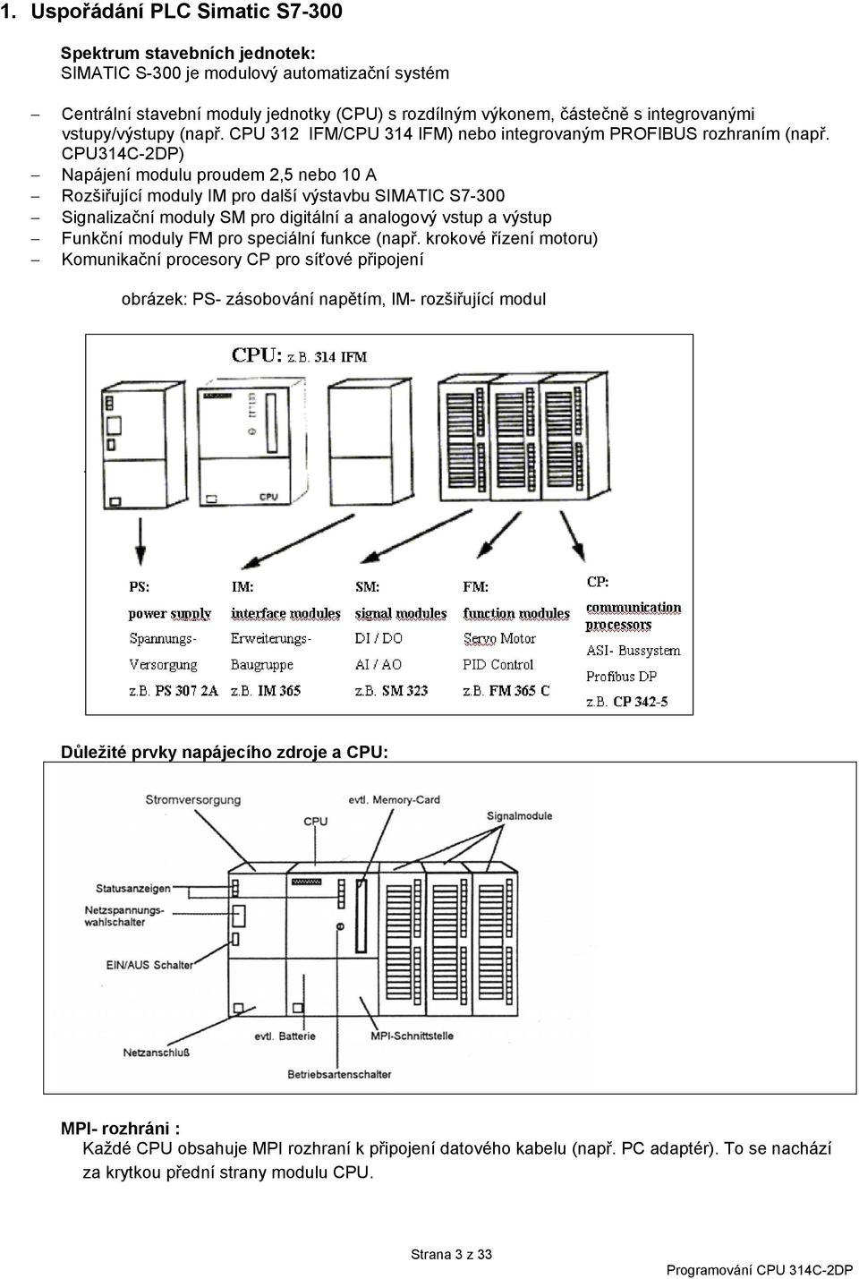 CPU314C-2DP) Napájení modulu proudem 2,5 nebo 10 A Rozšiřující moduly IM pro další výstavbu SIMATIC S7-300 Signalizační moduly SM pro digitální a analogový vstup a výstup Funkční moduly FM pro