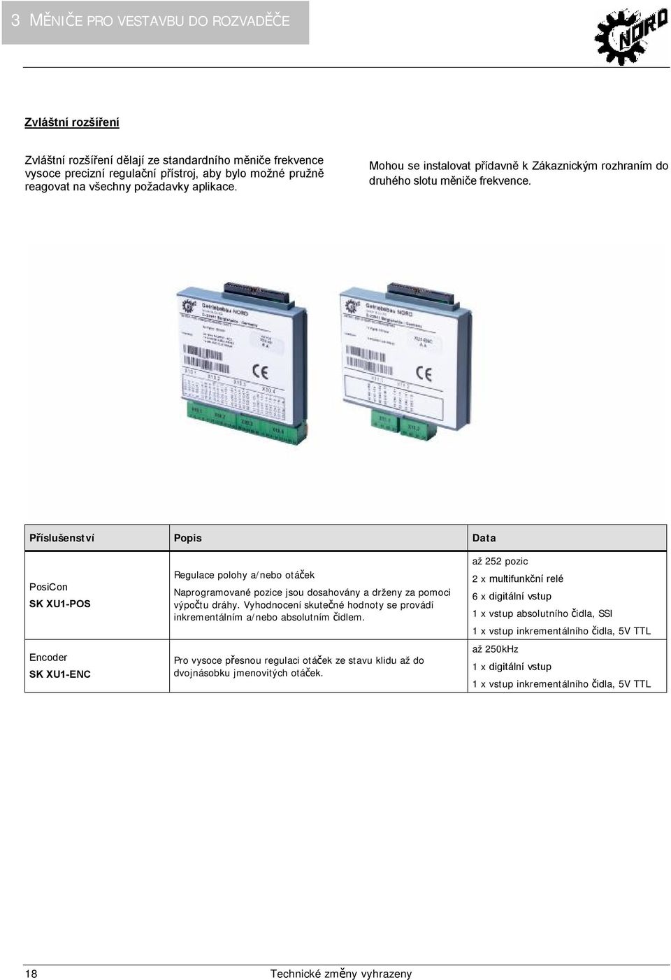 Příslušenství Popis Data PosiCon SK XU1-POS Encoder SK XU1-ENC Regulace polohy a/nebo otáček Naprogramované pozice jsou dosahovány a drženy za pomoci výpočtu dráhy.