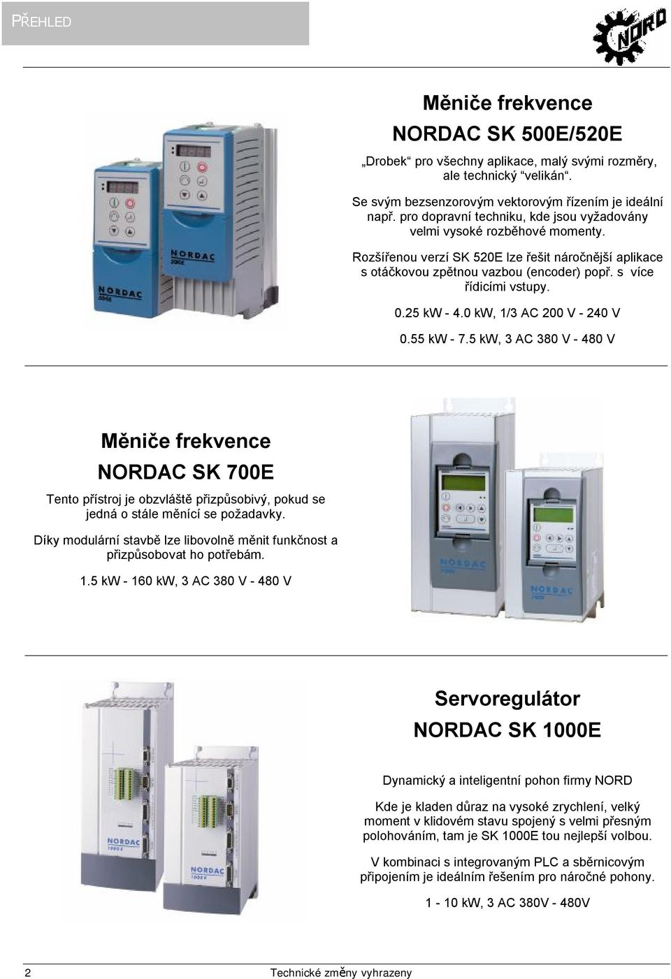 25 kw - 4.0 kw, 1/3 AC 200 V - 240 V 0.55 kw - 7.5 kw, 3 AC 380 V - 480 V Měniče frekvence NORDAC SK 700E Tento přístroj je obzvláště přizpůsobivý, pokud se jedná o stále měnící se požadavky.