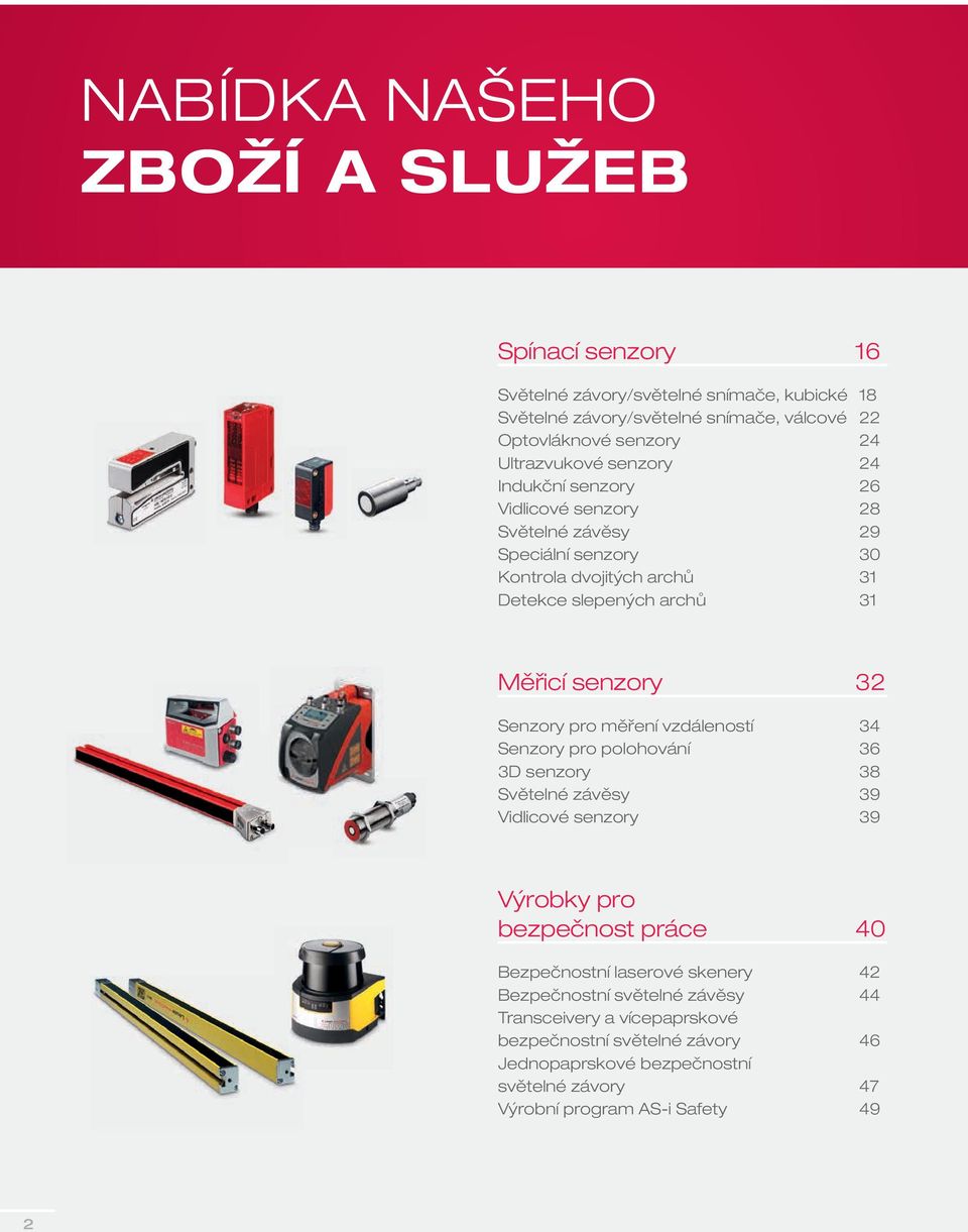 senzory 32 Senzory pro měření vzdáleností 34 Senzory pro polohování 36 3D senzory 38 Světelné závěsy 39 Vidlicové senzory 39 Výrobky pro bezpečnost práce 40 Bezpečnostní