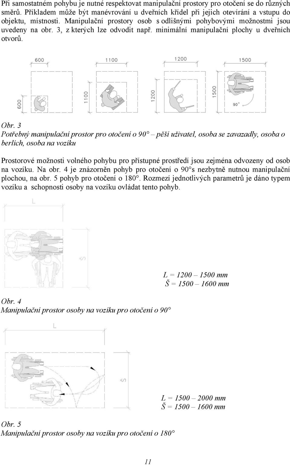 3 Potřebný manipulační prostor pro otočení o 90 pěší uživatel, osoba se zavazadly, osoba o berlích, osoba na vozíku Prostorové možnosti volného pohybu pro přístupné prostředí jsou zejména odvozeny od