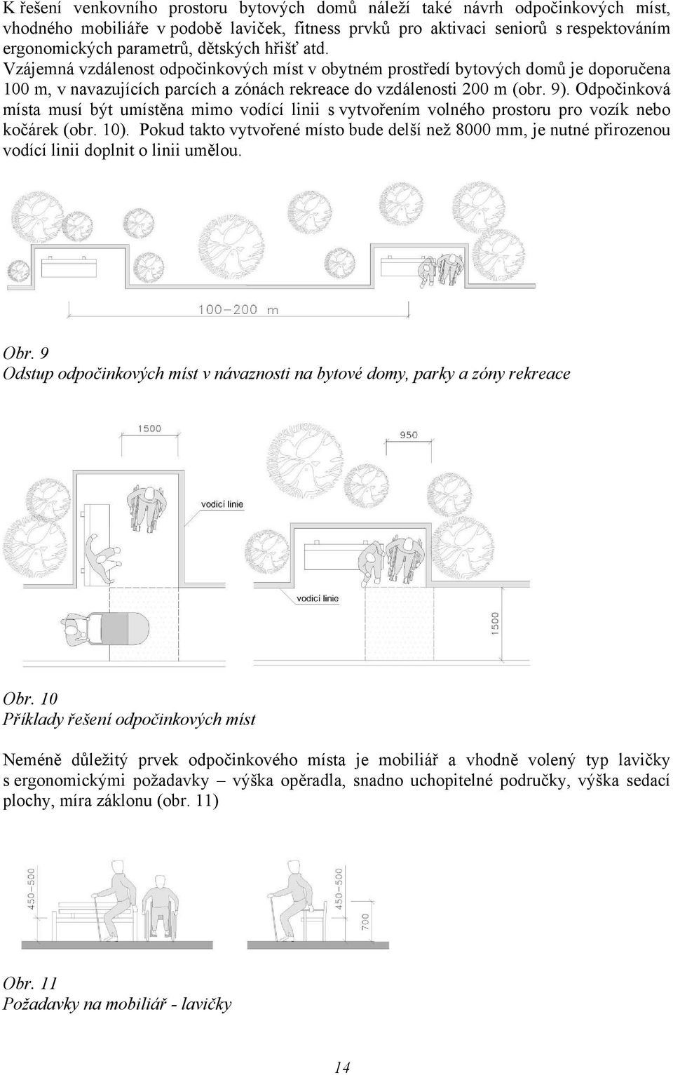 Odpočinková místa musí být umístěna mimo vodící linii s vytvořením volného prostoru pro vozík nebo kočárek (obr. 10).